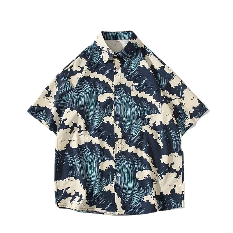 Men Hawaiian Shirt 2-piece HarajukuUkiyo-e The Great Wave Print Short Sleeve Beach Shirts Suit Summer Fashion Button Up Shirts