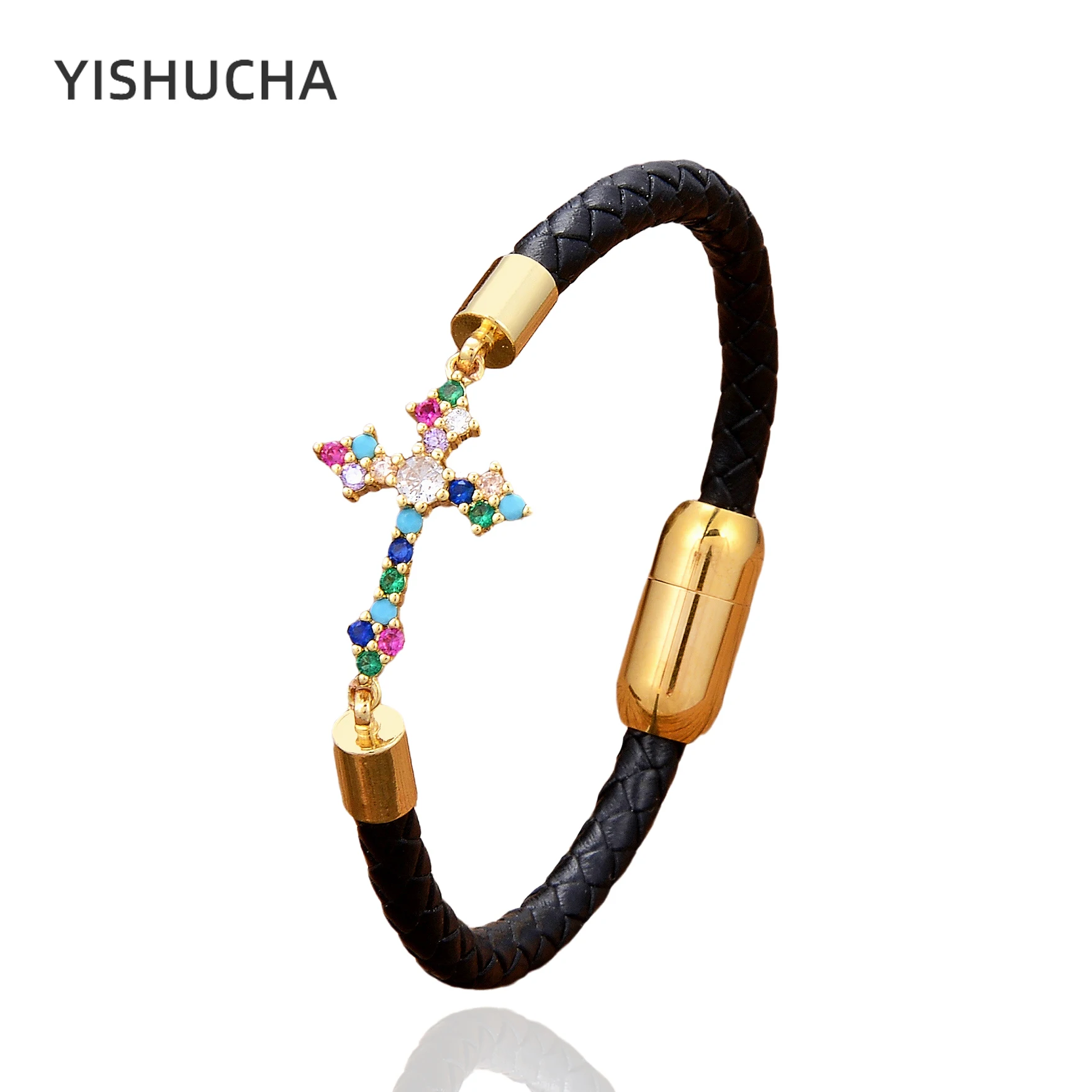 Купи YISHUCHA Brand Punk Zircon Cross Bracelets For Women Trendy Classic 5mm Leather Rope Bracelet Charm Design Jewelry CZ-10 за 257 рублей в магазине AliExpress