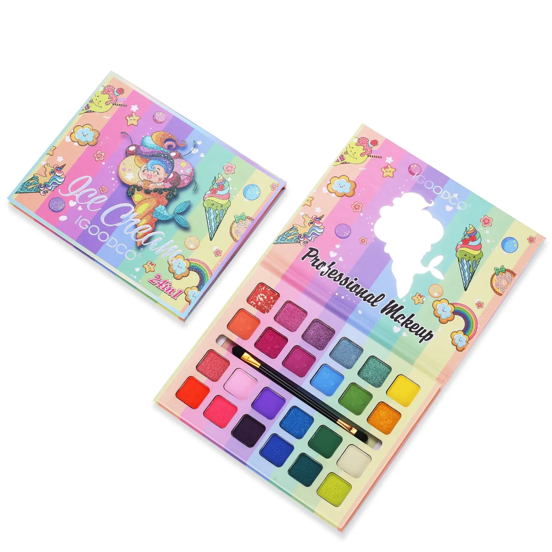 

Ice Cream Pattern 24 Color Children Eye Shadow Plate Matte Pearl with Brush Makeup Eyeshadow Palette Safety Waterproof Wholesale