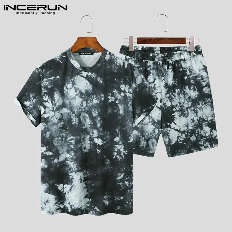 

INCERUN 2022 Men Sets Tie Dye Printed Streetwear O-neck Short Sleeve T Shirts & Shorts Two Pieces Sets Casual Men Suits S-5XL