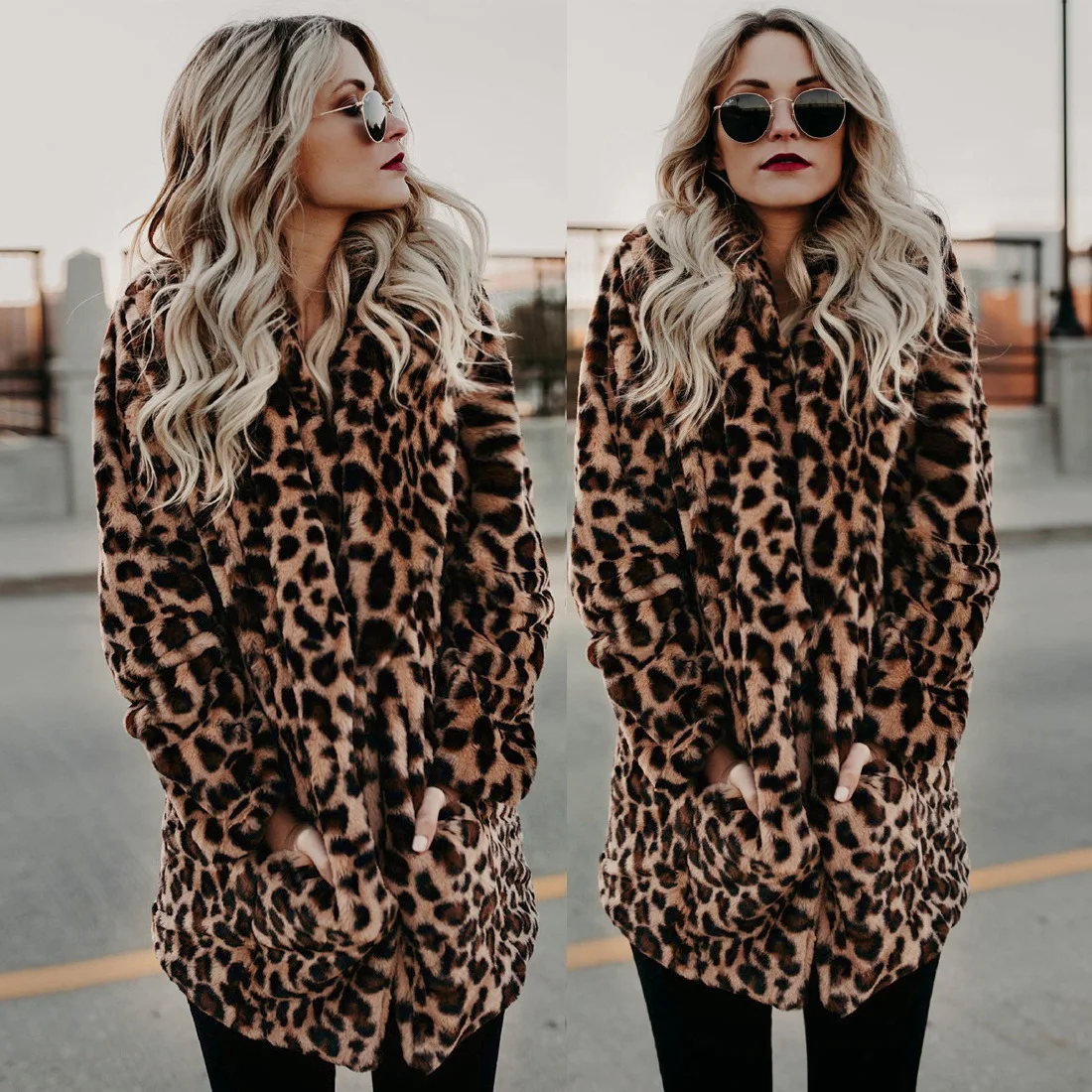 Women's Leather Fur Coat Winter Warm Fashion Leopard Artificial Fur Coat Polo Collar Jacket Women Faux Fur Coat