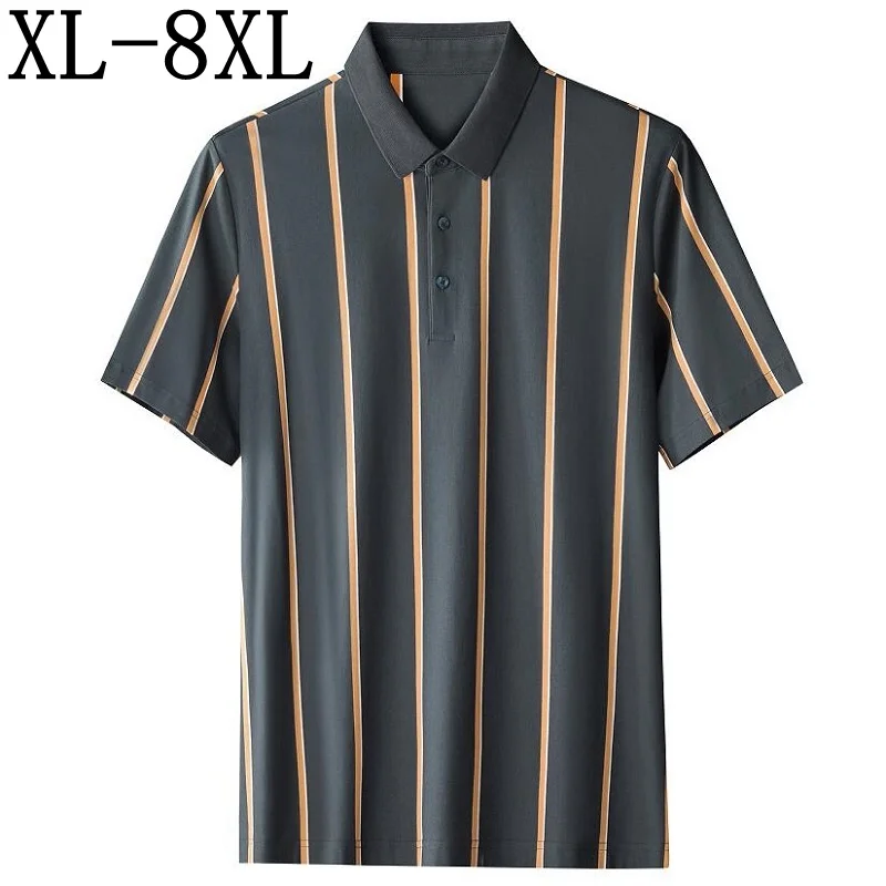 

7XL 8XL 6XL 2023 New Summer 95% Cotton Shirts For Men Short Sleeve Striped Mens Polo Shirt Fashion Loose Male Polos Casual Tops