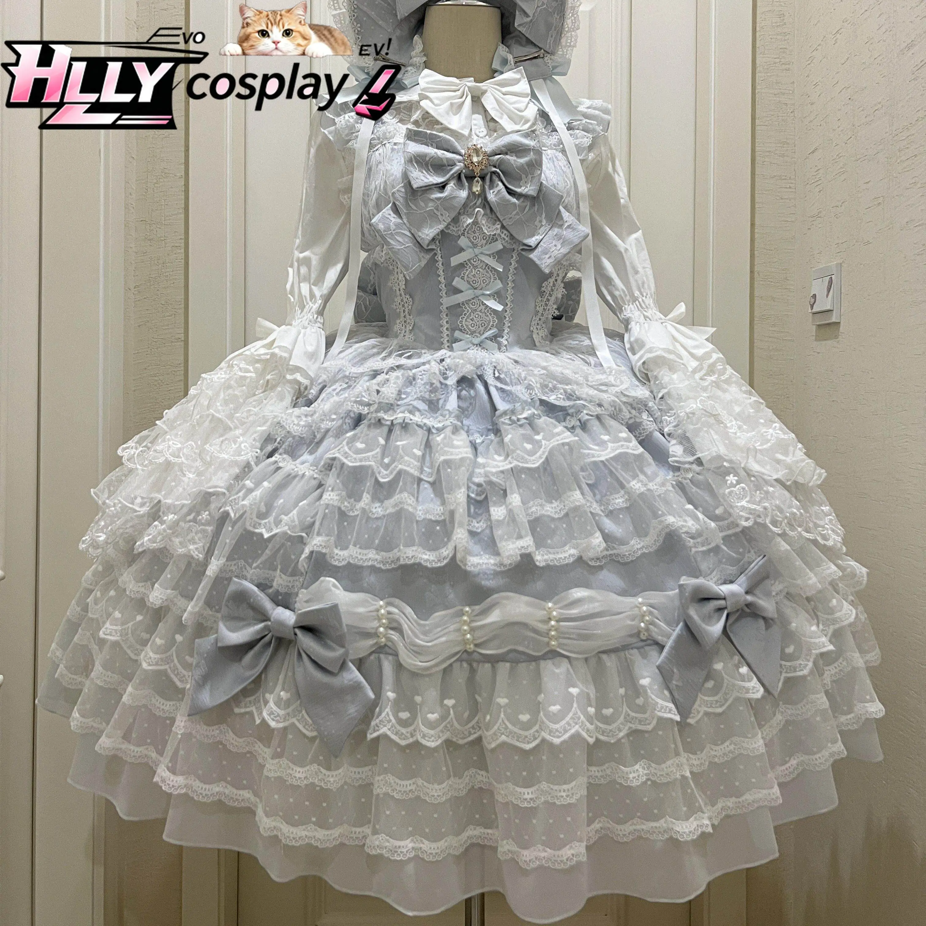 Фото Оригинальное платье JSK в стиле Sweet Lolita, розово-белое, с многоярусными оборками, кружевом и бантом, в кукольном стиле, винтажное, зимнее/осеннее, на бретельках №3