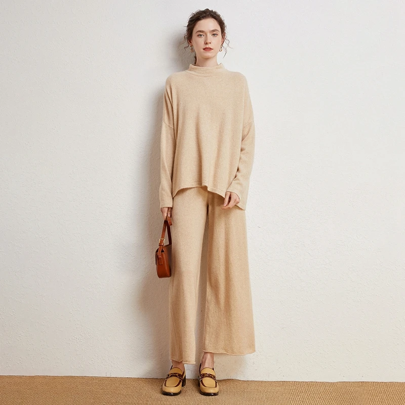 

Fashion Suit 2022 Autumn Winter 100% Cashmere Knitted Sweater Women Pullover And High Waist Wide Leg Pant Two-Piece Female Suits