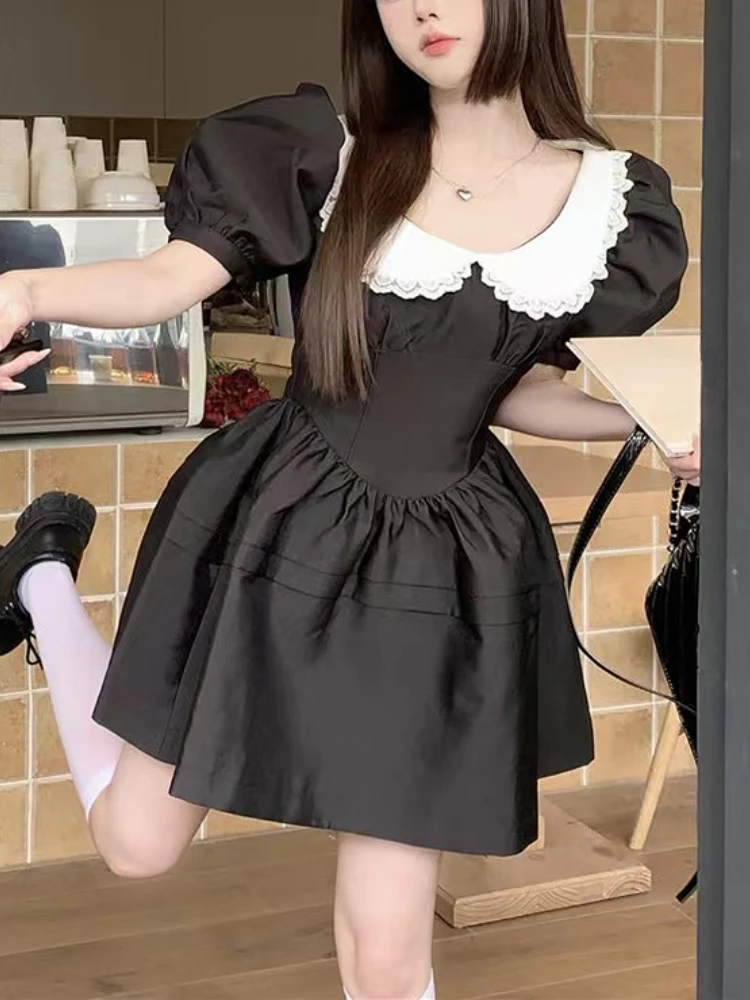 

Sweet Kawaii Black Dress Women O-Neck Casual One Piece Dress Korean Design Short Sleeve Y2k Mini Dress Party Summer 2023 Chic