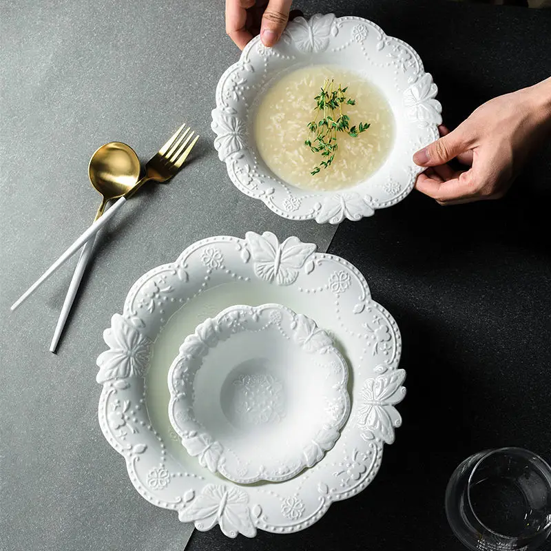 

European Style Palace Style Embossed Lace Bowl Creative Large Capacity Soup Bowl Ceramic Tableware Fruit Salad Bowl Noodle Bowl