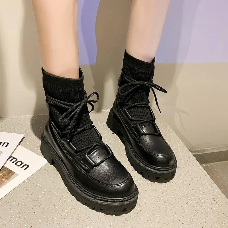 

2023 Winter Shoes for Female Slip-on Knitted Women's Ankle Boots Square Heel Women's Shoes Plus Size Low Heel Ladies Boots