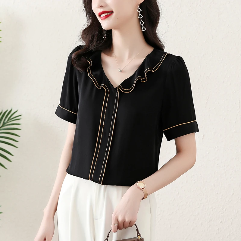

2022 Thin (Summer) SILK Women’s Tops New Design Satin Solid V-Neck Spliced Patchwork Fashion Blouses Dropshipping