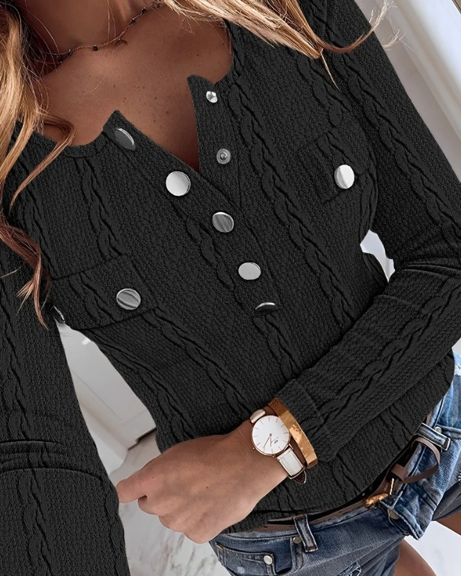 

Fashion Woman Blouse 2023 Autumn/winter New Fashion Casual Solid Pocket Design Buttoned Ribbed Long Sleeve Top Stitch Top
