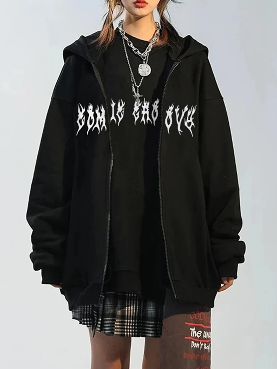 

Women Gothic Loose Hooded Sweatshirts Animal Skeleton Print Long Sleeve Zipper Coat for Spring Autumn Black Goth Grunge Hoodies