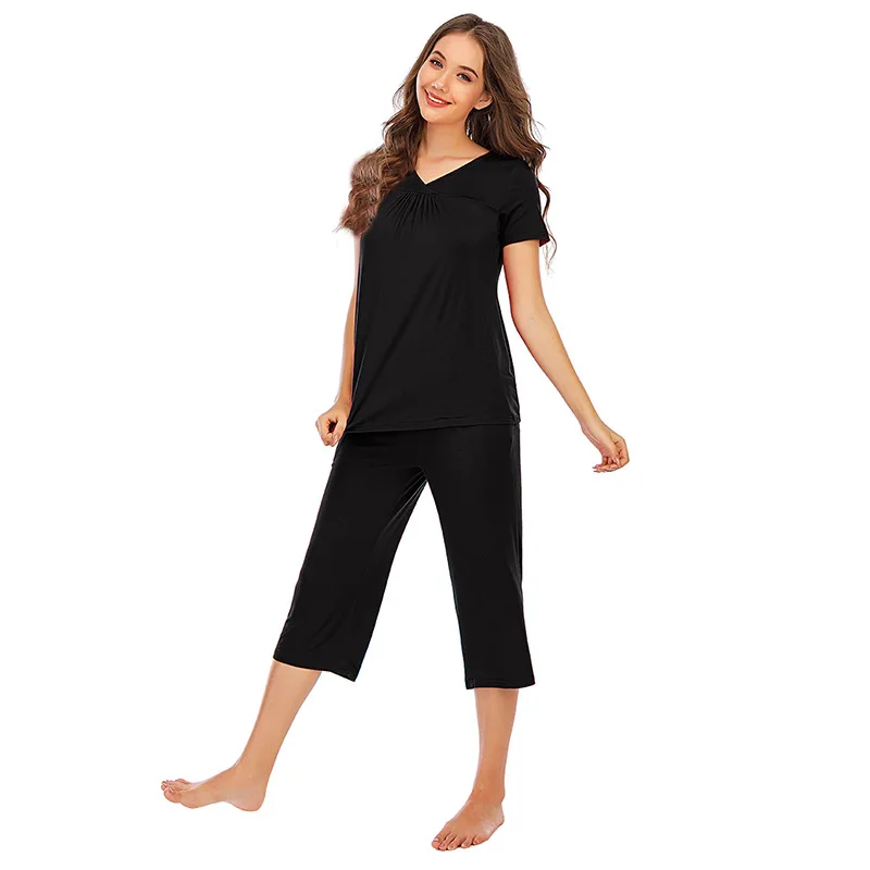 Spring Autumn New Women's Pajamas Modal V-neck Short Sleeve Cropped Pants Casual Homewear Pijamas Women Pajama Set Women