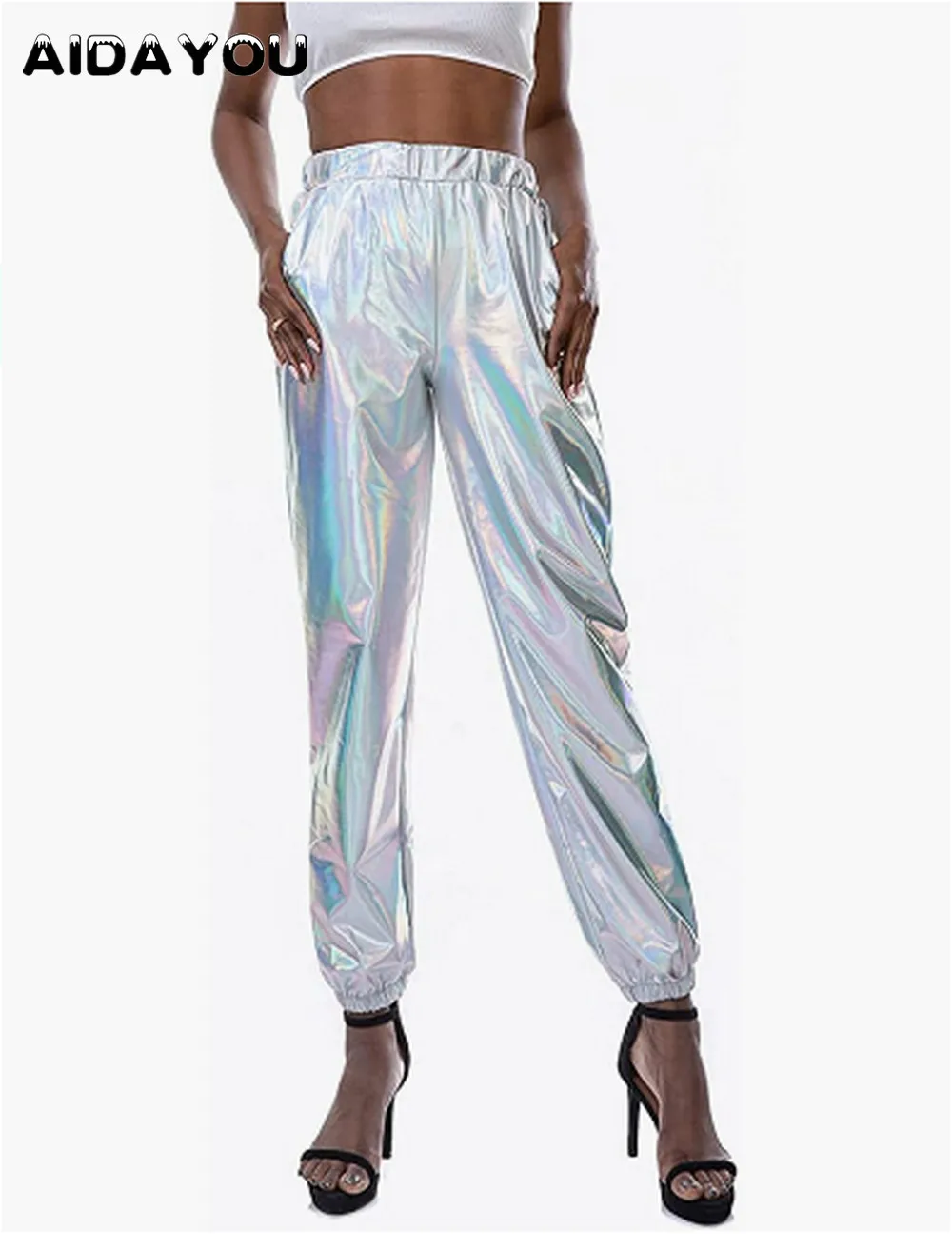 

Women's Metallic Shinny Pants Casual Holographic Jogger Sweatpants Punk Hip Hop Trousers Streetwear