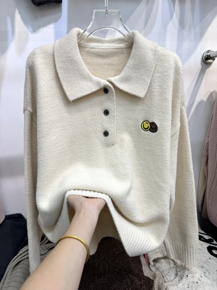 Smiley Embroidered Polo Collar Loose Idle Sle Short Mink Cashmere Sweater Women's Coat Autumn and Winter New Korean Fashion...
