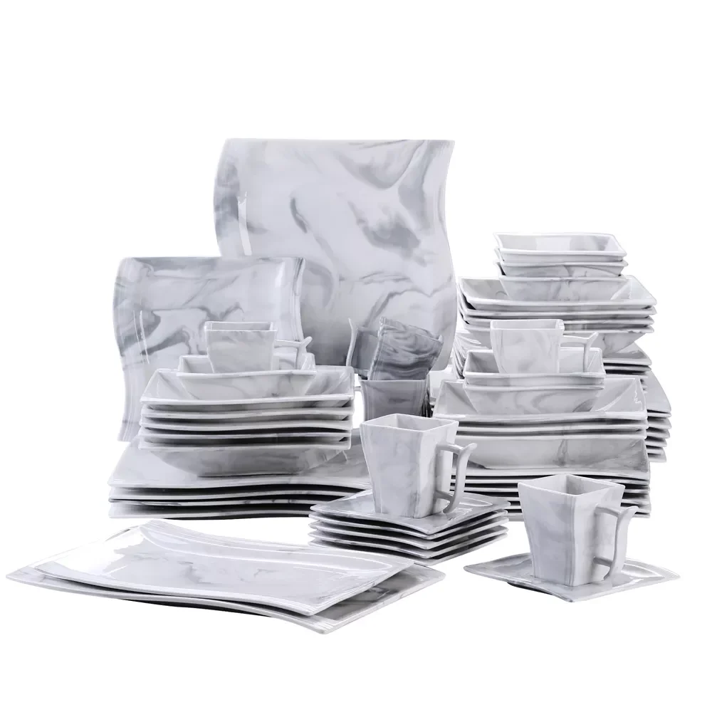 

56-Piece Marble Grey Porcelain Dinner Set with Dinner&Dessert&Soup Plate,Cups&Saucers,Bowl and Rectangular Plate