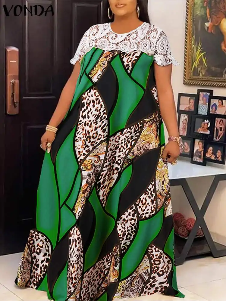 Plus Size Women Dress VONDA 2022 Fashion Vintage Lace Patchwork Evening Party Sundress  Bohemian Printed Vintage Vestido 5XL