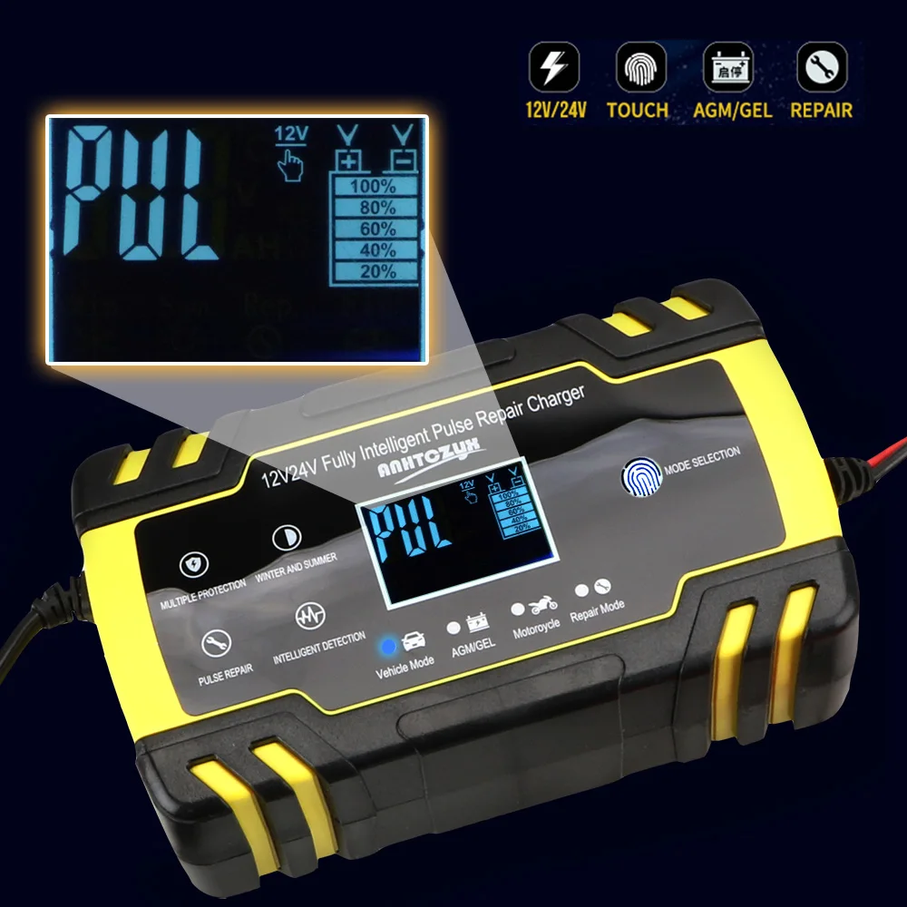

LEEPEE Digital LCD Display Intelligent Full Auto Car Battery Charger 12V-24V 8A Pulse Repair Wet Dry Lead Acid Battery-chargers