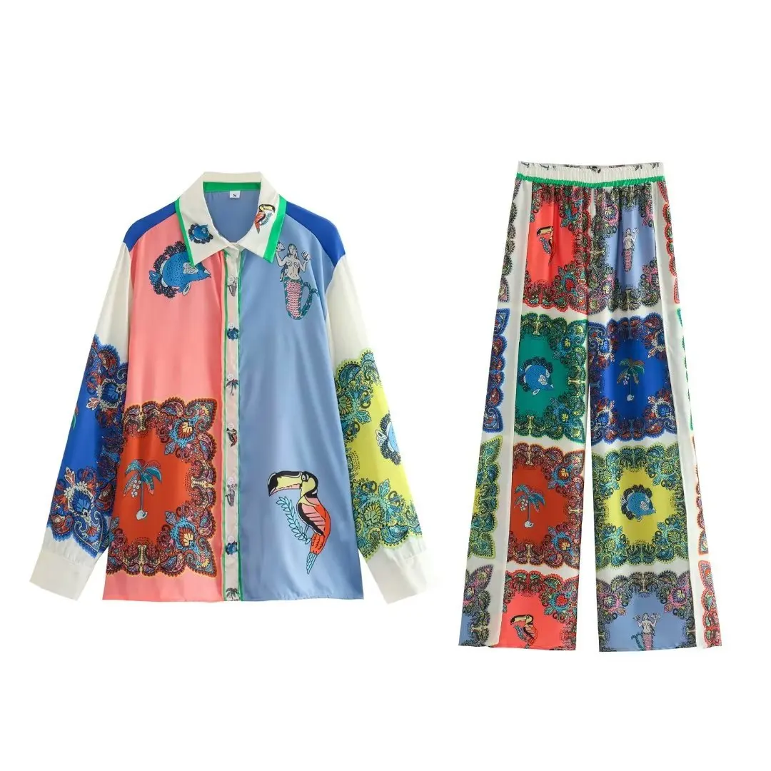 

Vintage Print Casual Long-Sleeved Lapel Collar Fashion Shirt And Loose Wide-Leg Straight Trousers For Women's Pants Set 2 Piece
