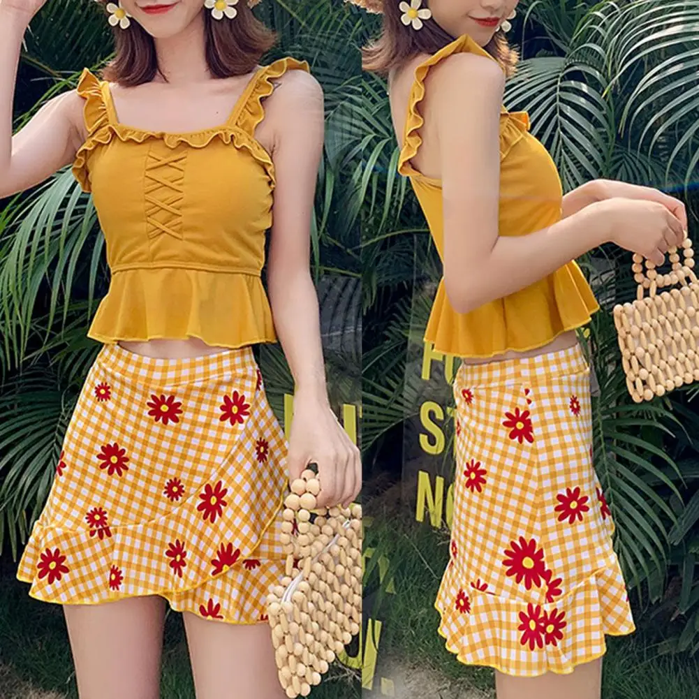 

2Pcs/Set Stylish Split Swimsuit Slim Wire Free Summer Printed Off Shoulder Swimwear