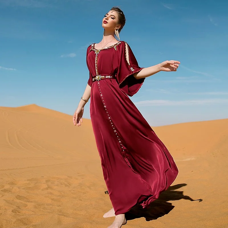 Rhinestone Evening Kaftan Women Off Shoulder Moroccan Party Caftan Satin Dress Hem Slit Muslim Arab Dubai Abaya Banquet Ramadan