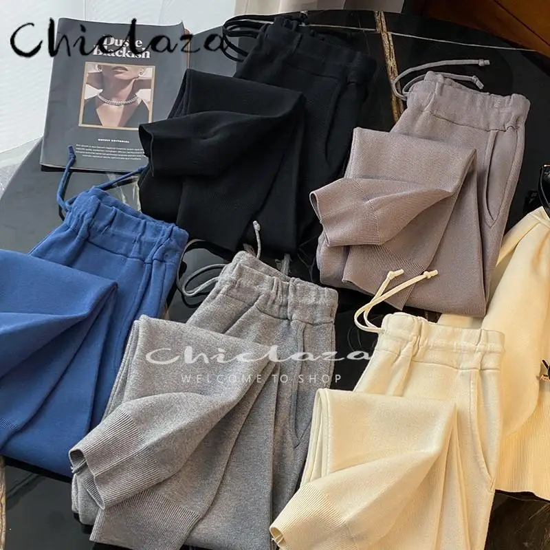 

CHICLAZA 2022 Autumn Men Elastic High Waist Loose Knitted Sweatpants Male Leisure High Street Belt Long Pants