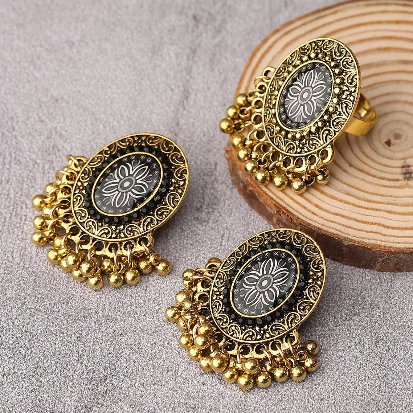 

New 2022 Vintage Pendant Earrings Personality Stud Ring Set Bohemian Jewelry Set