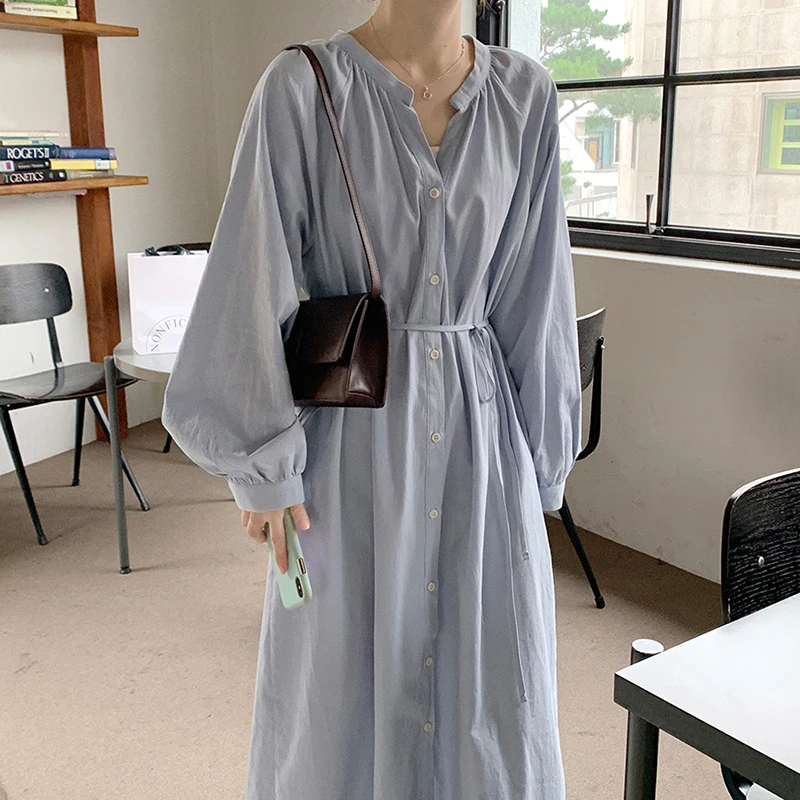 

Autumn 2022 new loose slim lantern sleeve single breasted mid-length high-waist shirt dress dress women