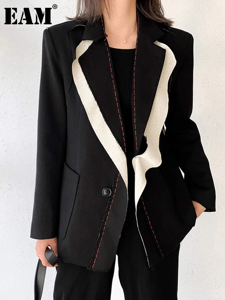 

[EAM] Women Black Contrast Color Burr Blazer New Lapel Long Sleeve Loose Fit Jacket Fashion Tide Spring Autumn 2022 1W519