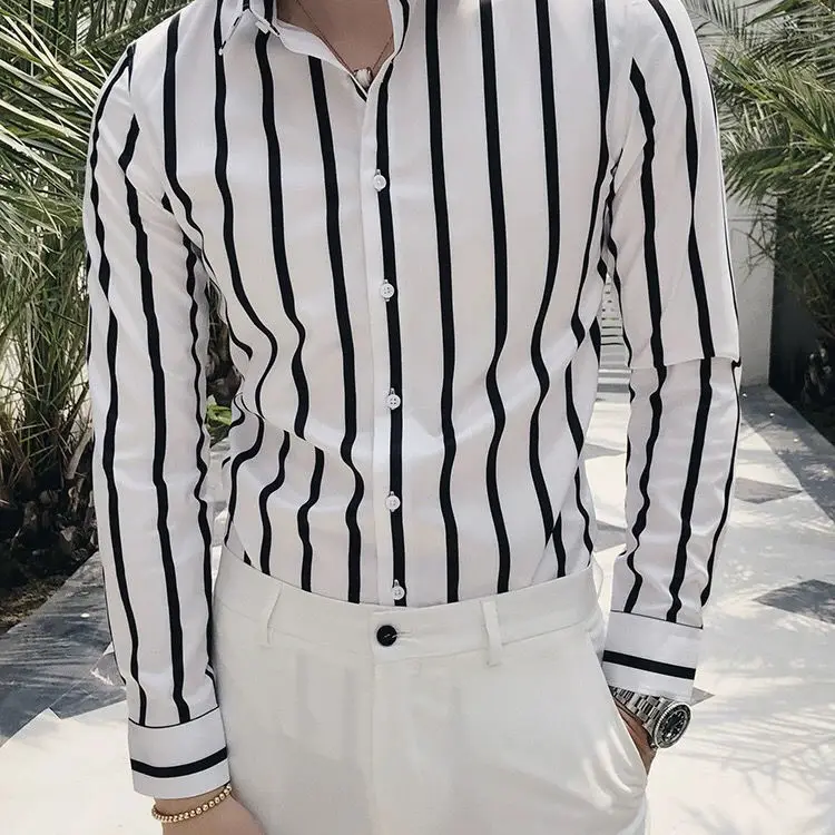 

Men Casual Shirts Stripe Single Breasted Long Sleeve Plus Size Loose Korean Chic Fashion Oversize All-match Outwear Blouse V114