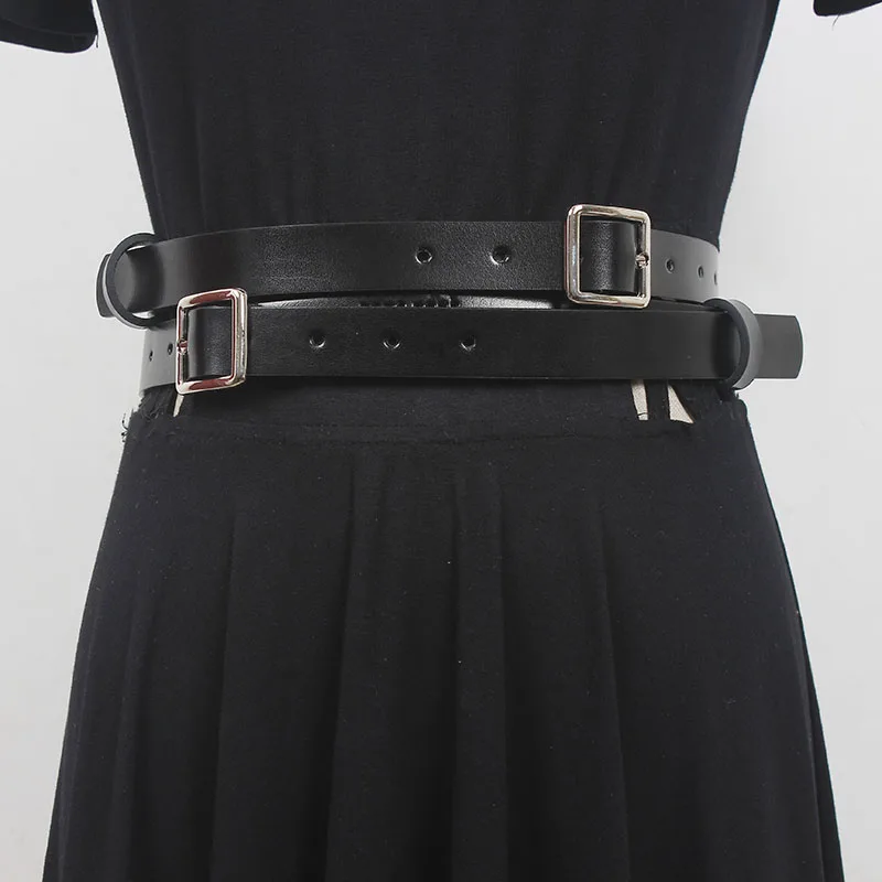 188CM Long Dounle Buckle Waist Belt For Women Real Leather Adjustable Jeans Belts Strap Corset European Punk Style Ceinture Belt