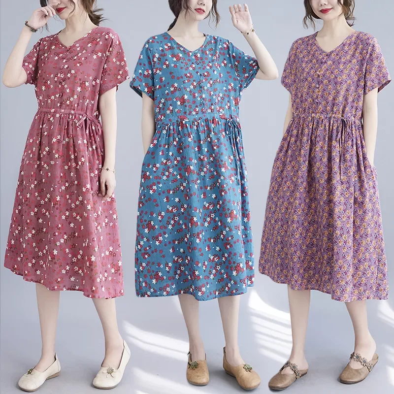 

Summer 2022 new casual women waist V-neck dress beige grid maxi robe femme vintage plus size linen floral jurk midi mujer