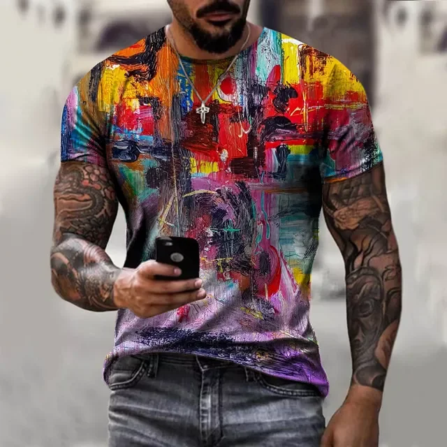 

2022 New 3D Print T Shirt Men Oil Painting Natural Scenery Sleeves Male Clothes Street Fashion Casual O Neck Tees Breathable Top