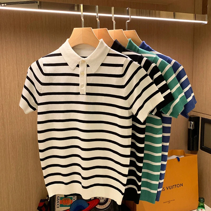 

Summer Fashion Knitting Polo Shirt High Quality Stripe Tops Casual Korea Pullover Short Sleeve Slim Lapel Button Men Sweater C46