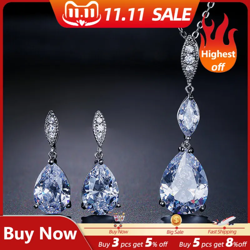 

JUNZI Fashion Bridal Jewelry Sets Exquisite Water Drop Zircon Necklace Earring Set for Women Engagement Wedding Party Gifts