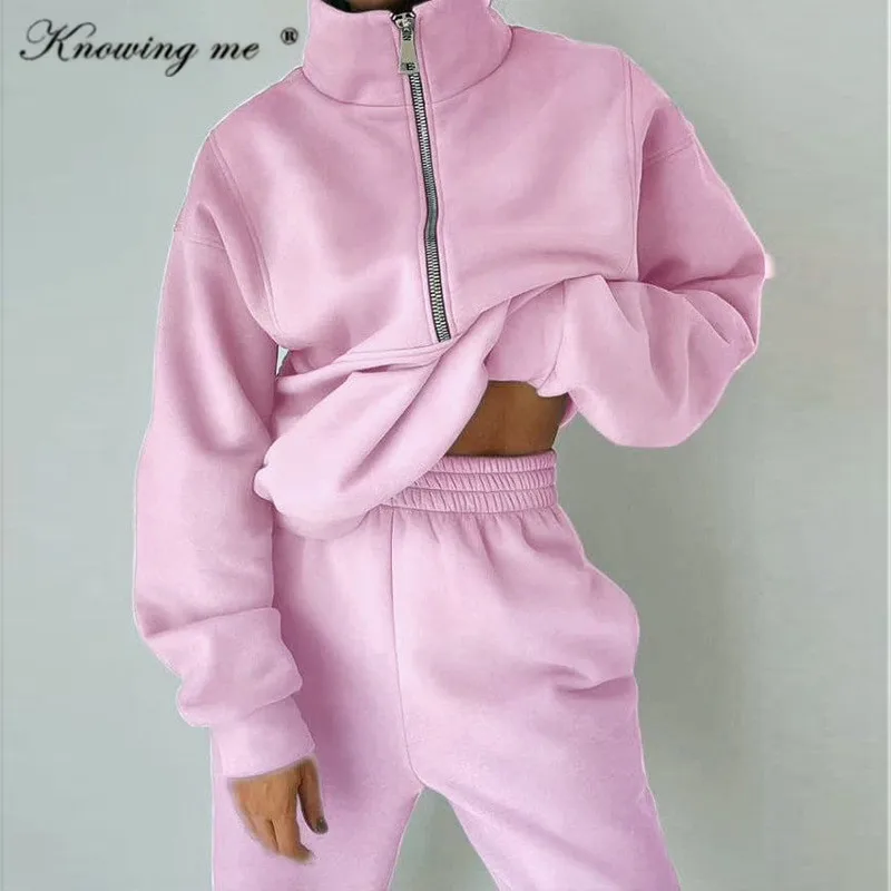 

Autumn Half Zip Sweatshirt Tracksuit 2022 Winter Wome Fleece Two Piece Sets Suits Female casual solid Sports Hoodie Sportswear