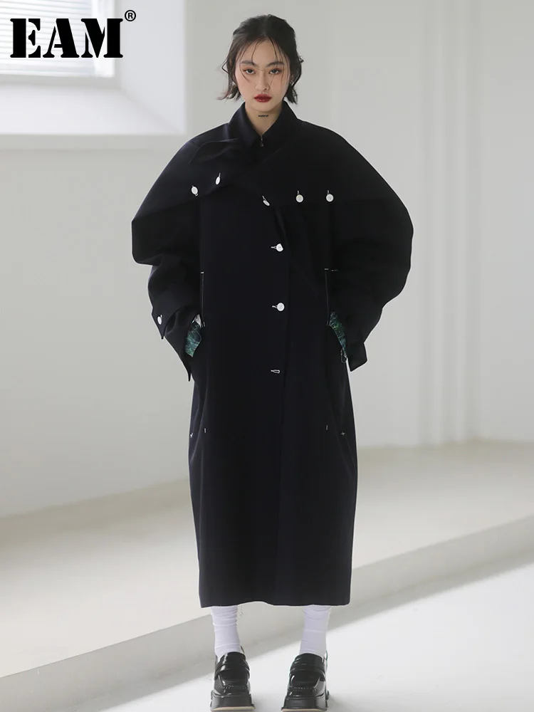 

[EAM] Loose Fit Black Irregular Button Big Size Long Woolen Coat Parkas New Long Sleeve Women Fashion Autumn Winter 2022 1DE9492