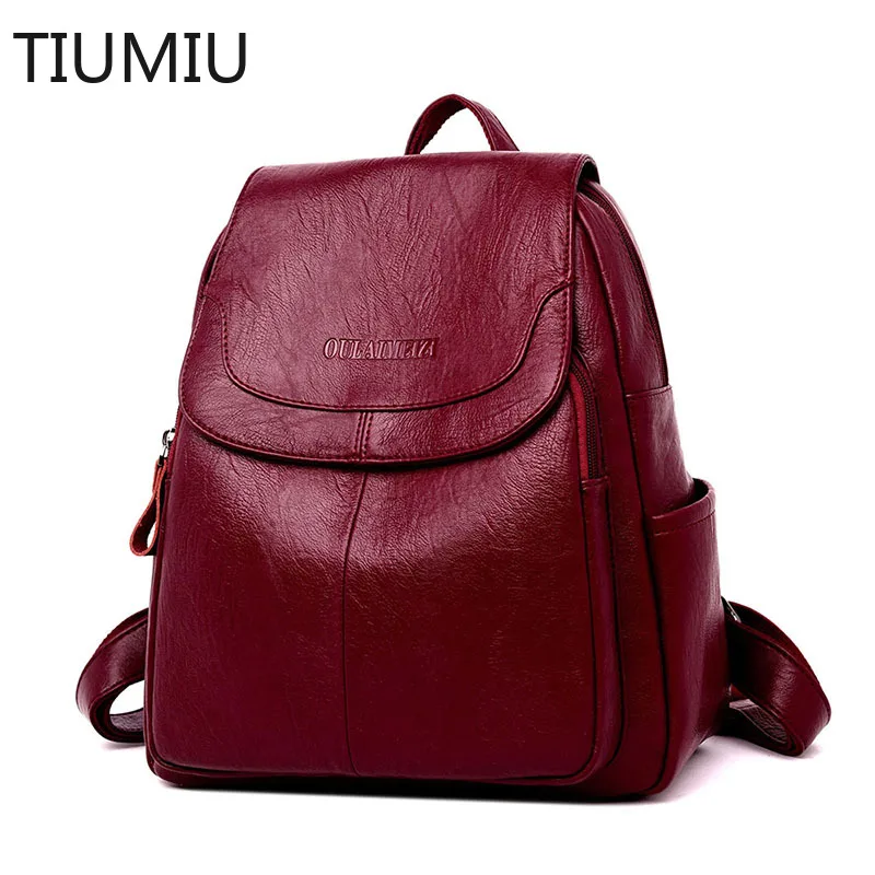 

TIUMIU Women Leather Backpacks Female Shoulder Bag Ladies Bagpack Vintage School Bags For Girls Travel Back Pack Sac A Dos