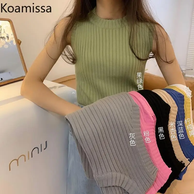 

Koamissa Fashion Women Solid Knitted Tank Tops Sleeveless O-neck Slim Out Wear Lady Camis All Match Korean Vest Chic Cropped Top