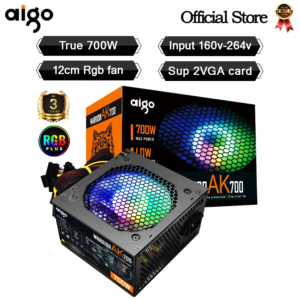 Aigo AK 700W PC PSU Power Supply unit Black Gaming Quiet 120mm rgb Fan 24pin 12V ATX Desktop computer Power Supply for BTC