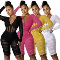 ladies sexy jumpsuit summer womens fashion mesh stitching pleated wrap chest casual jumpsuit women fashion clothes