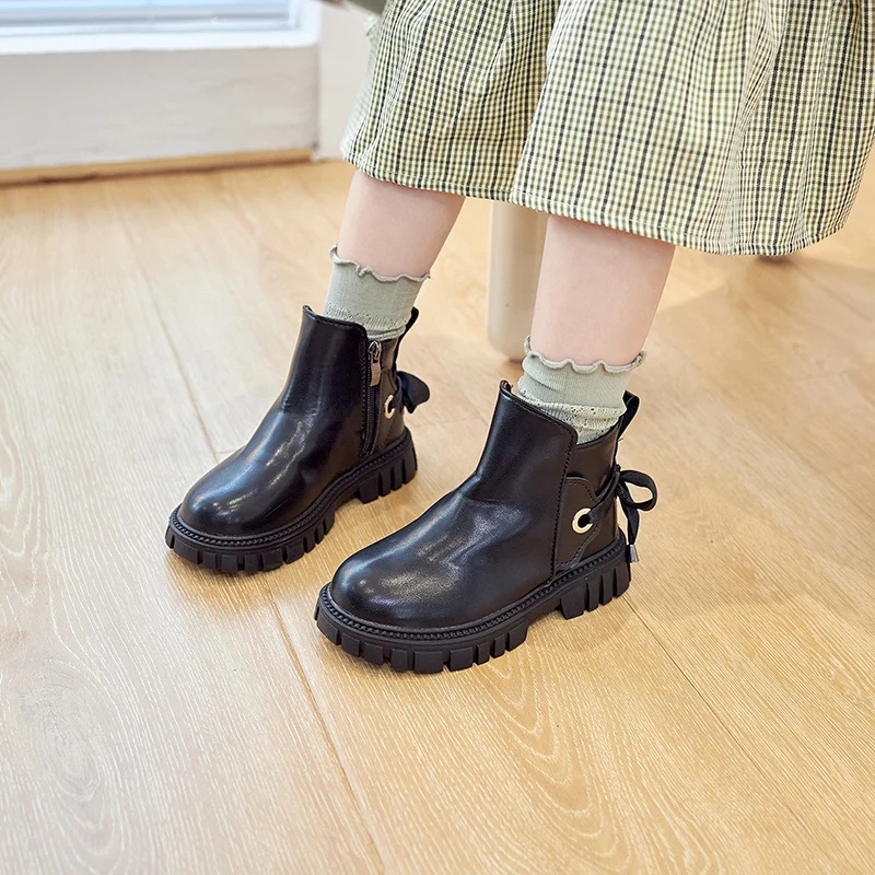 

Thick-soled Girls British Style Four Seasons Children Short Boots Casual Side Zipper Black Girls Fashion Kids Lace-up New Unique