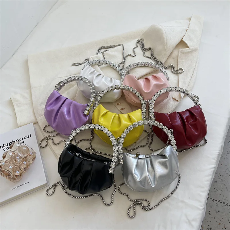 Women's New Light Diamond Diamond-Embedded Portable Dinner Party Niche Chain Crossbody Pleated Cloud Bag