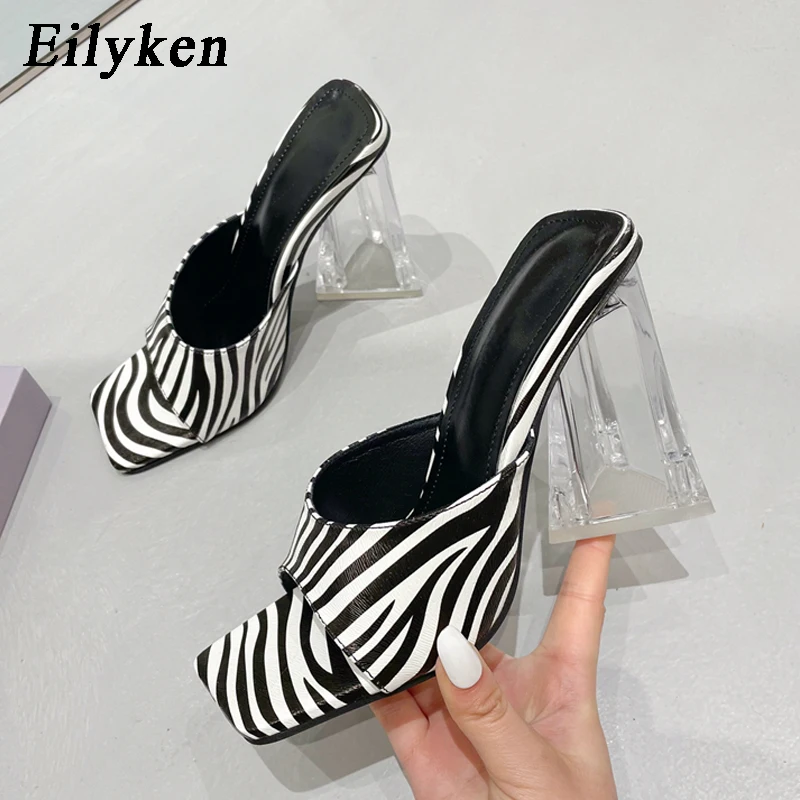 

Eilyken Summer Zebra Crossing Style Women Slippers Fashion Transparent Crystal Perspex High Heels Square Toe Shoes Lady Sandals