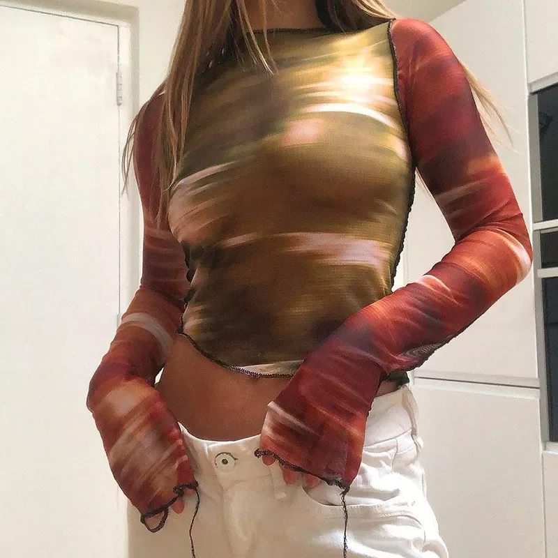 

2023NEW Printed T-shirts Autumn Spring Pullovers Street Y2K Women Round Collar Long Sleeve Mesh Slim Fit Crop Top Irregular Hem