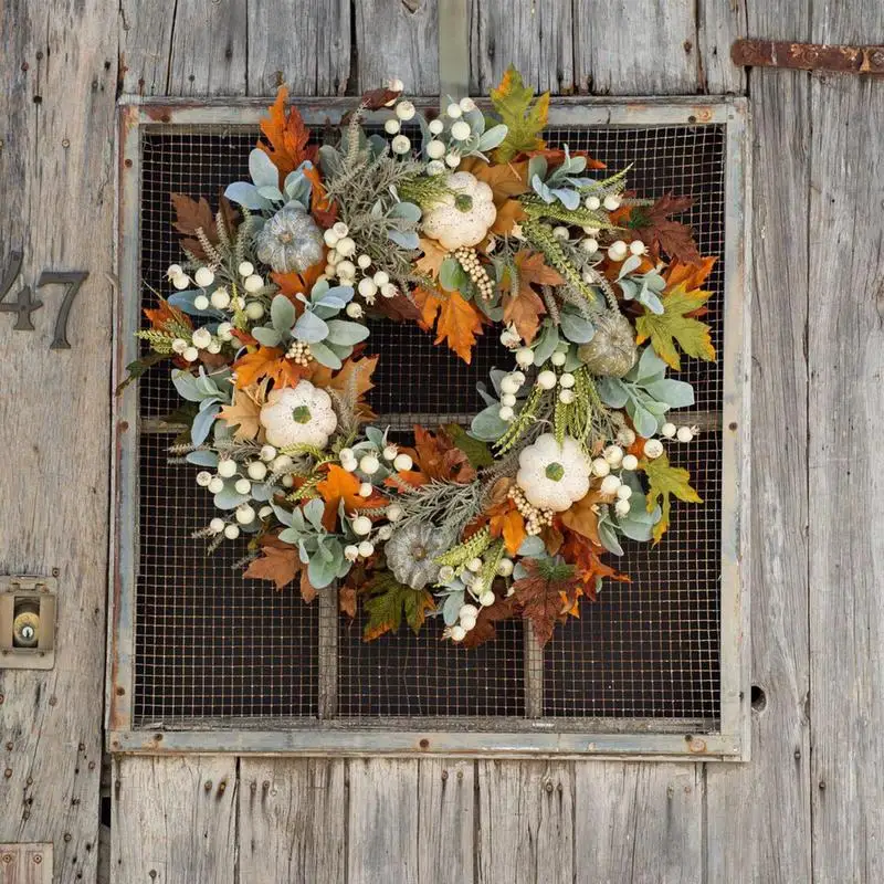 

Fall Wreath for Front Door Halloween Pumpkin Garland Decoration Artificial Fall Wreaths with Maple Leaf Thanksgiving Wreaths