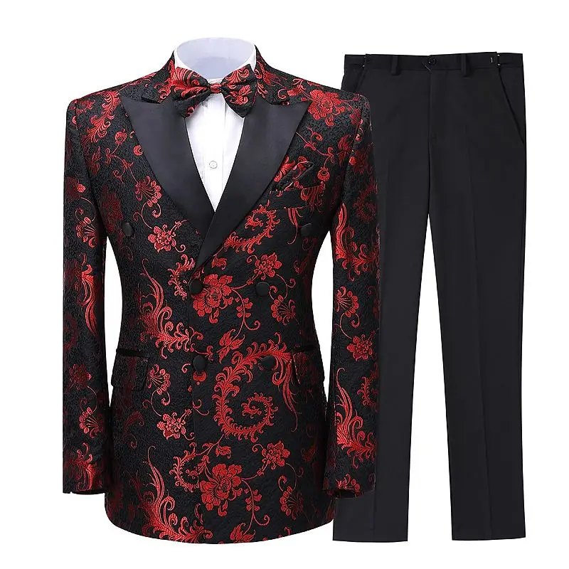 Fashion Floral Mens Wedding Suits 2 Piece Double Breasted Prom Party Dress Peaked Lapel Groomsmen Tuxedos Best Man Blazer Pants