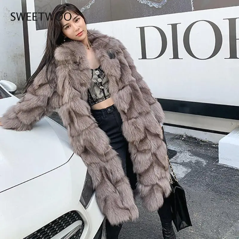 Long Faux Fox Fur Coat Winter Mid-length Jacket Women Outerwear Streetwear Thick Warm Loose Fashion Contracted Slim tide 2022