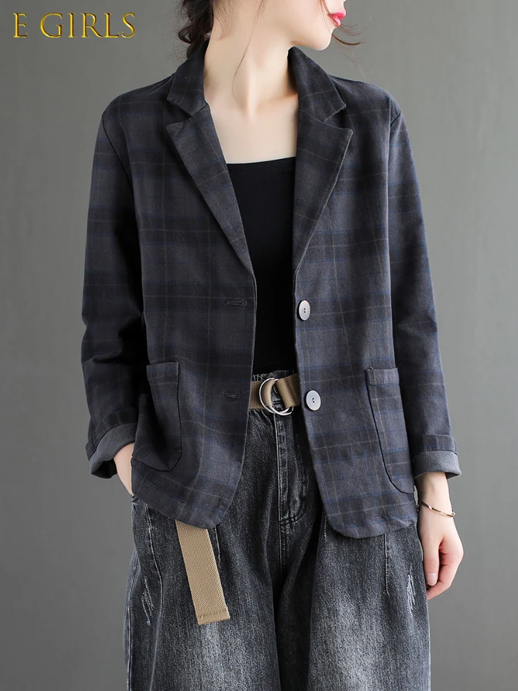 

E GIRLS Plaid Blazers Women Design Single Breasted All-match Elegant Outwear Baggy Fashion Streetwear Style Femme Hot Sale Cozy