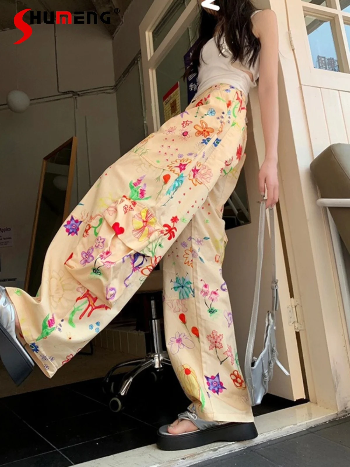 Fun Graffiti Printing Loose Straight Trousers Women's American Style Niche Design High Waist Casual Working Pants Summer