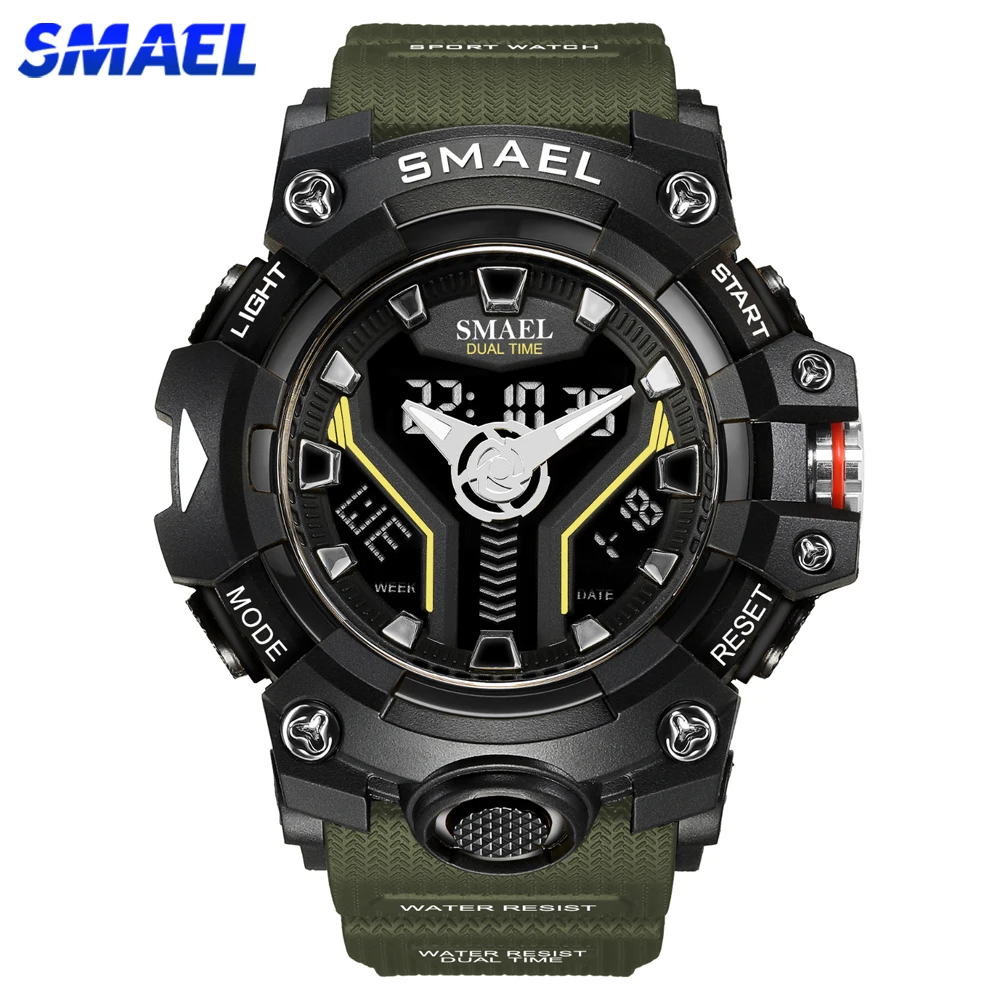 

SMAEL Brand Dual Time Watch Military Quality Men Stopwatches Sports Wristwatches Digital Alarm Military Shock LED Display Clock