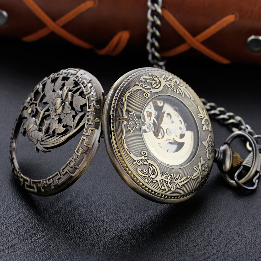 Phoenix Flower Bird Mechanical Pocket Watch High Quality Unisex Necklace Pendant Jewelry Gift for Men and Women Religio